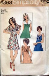 9863 SIMPLICITY 1972 MINI SLEEVELESS FLARE DRESS, COLLARS PATTERN 12 34B